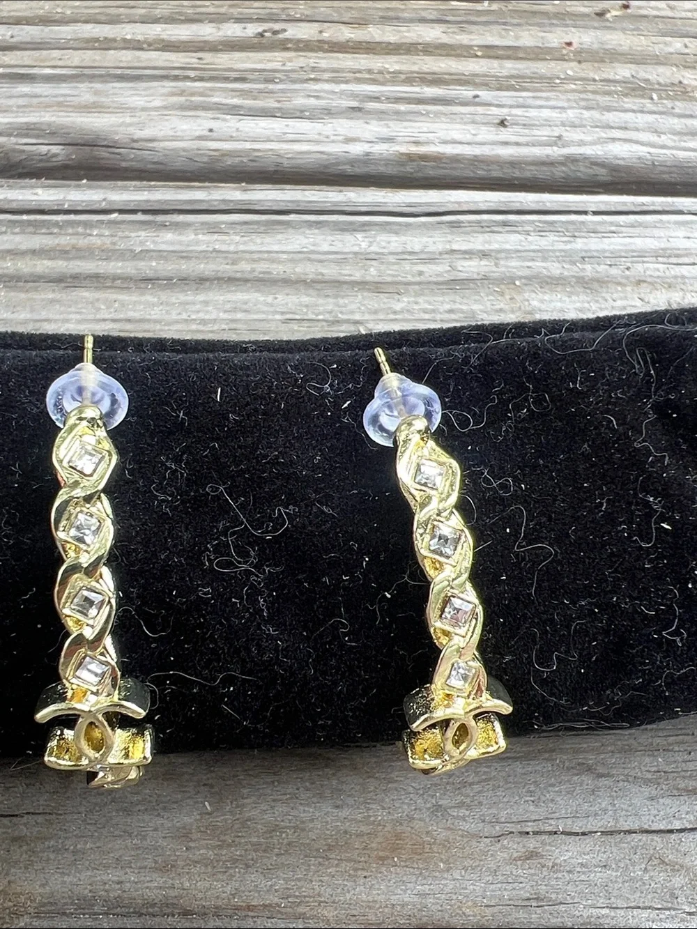 CHANEL Gold-Tone Hoop Earrings with Crystal Accents - Picture 4 of 14